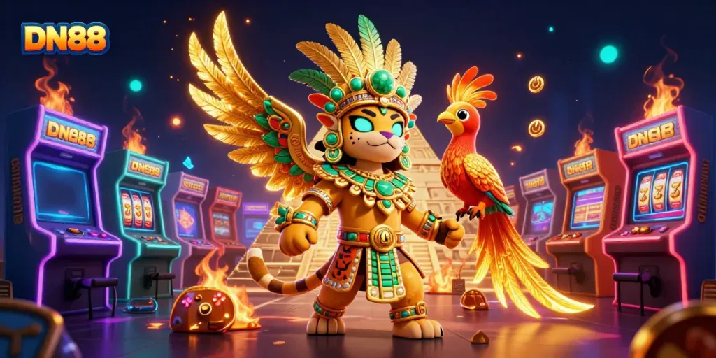 Experience thrilling casino action with DN88 as Mayan characters illuminate vibrant game elements.