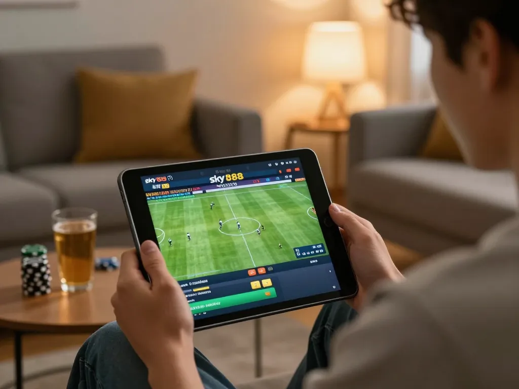 Sky88 user placing live sports bets on a tablet in a cozy home environment