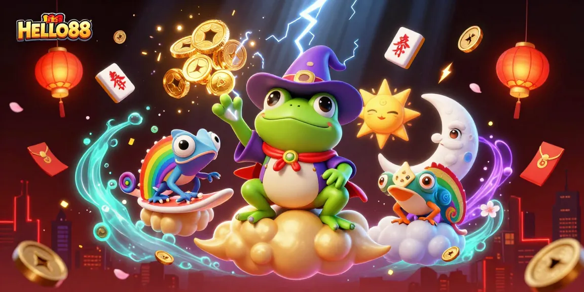 Engage with HELLO88's vibrant gambling world illustrated through whimsical characters and rich casino elements.