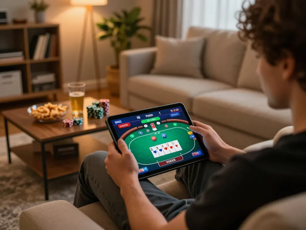 bl555 player enjoying poker on a tablet with snacks in a cozy living room setting