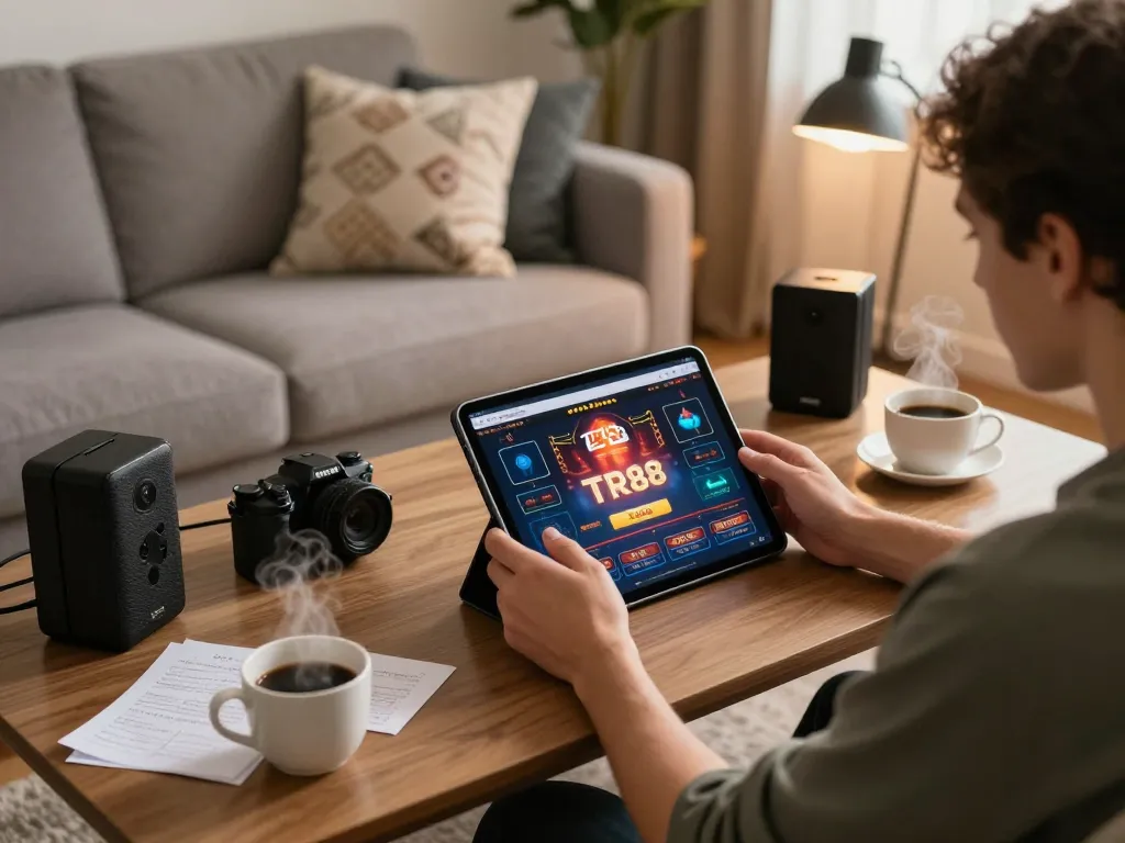 Engaged player using the TR88 casino app on a tablet in a cozy gaming setup.