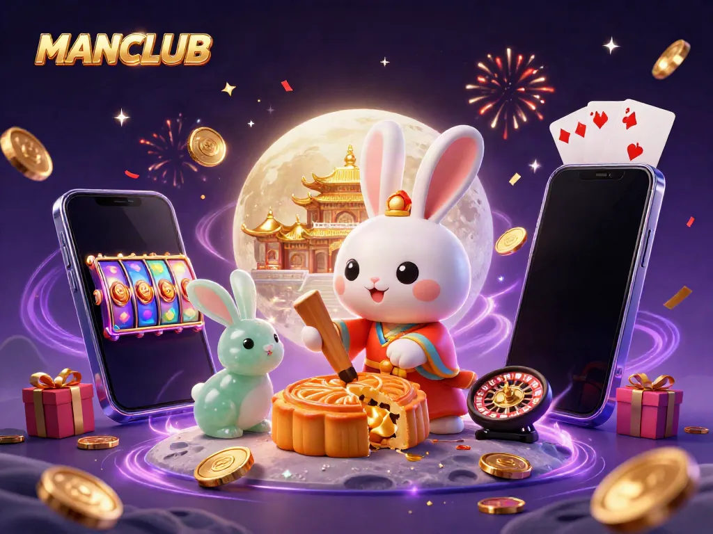 Experience the joy of MANCLUB as a moon rabbit reveals poker chips in a vibrant casino setting.
