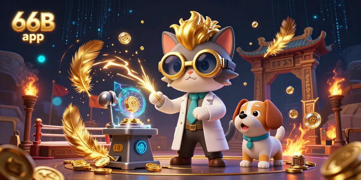 Experience the excitement of the 66B app with a mad scientist cat and dog in a vibrant 3D casino scene.
