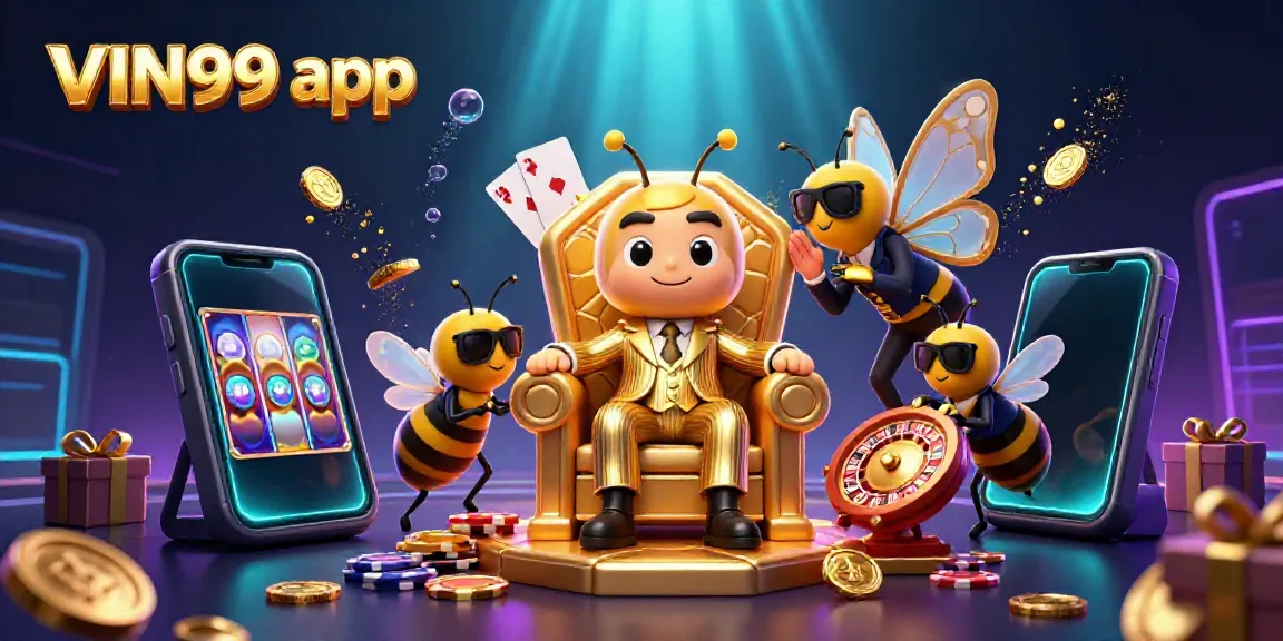 Experience the excitement of the VIN99 app with a vibrant 3D casino scene showcasing animated characters, slot games, and more.