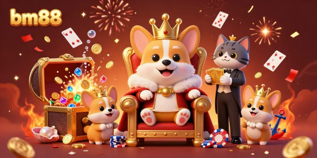 Experience the royal fun with bm88's vibrant 3D gaming scene, featuring a corgi king surrounded by treasures.