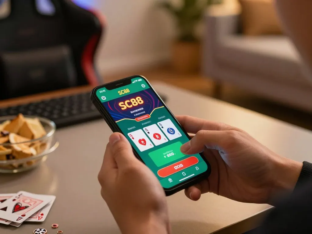 Player engaging in blackjack on the SC88 app, showcasing strategic betting actions in a modern gaming setup.