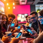 Tải game 789 Club displayed on smartphones as users enjoy gaming at a trendy café.