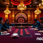 Nohu90 players strategizing at a luxurious poker table in a vibrant casino atmosphere.