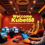 Khuyến Mãi Kubet88 – Ưu Đãi Vàng Dành Riêng Cho Thành Viên showcased in an inviting online casino setting, with players enjoying various games.