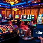 Engaging scene at a luxurious เว็บ soibet casino with vibrant gaming tables and online interfaces.