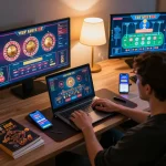 Experience online gaming at https://rr88.com.se/ with a person engaging in strategic casino gameplay at home.