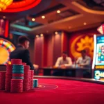 Experience high-stakes action with CM888 at a vibrant casino table filled with cards and chips.