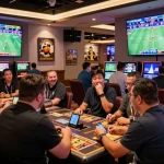 Betting excitement at a vibrant sports betting area at a casino showing Da88 odds on screens.