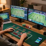 Engaging online gambling moment at https://tr88watch.com/ with multiple screens and a warm ambiance