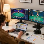 Engaged player enjoying online casino gaming with GA88 blackjack on multiple screens in a cozy home setup