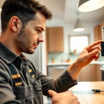Electrician West Vancouver assessing wiring in a bright modern kitchen setting.