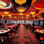Crowd enjoying casino games with high stakes at https://red88.day/ featuring poker chips and vibrant slot machines.