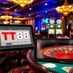 TT88 online gambling interface amidst vibrant casino tables and luxurious decor