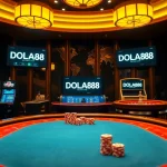 DOLA88 captivating online casino experience with poker table, dice, and vibrant slot machines.