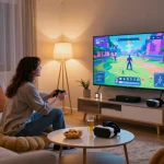 Couple enjoying an adult game in a cozy living room, showcasing interactive visuals and snacks.