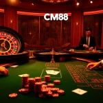 A thrilling gambling scene showcasing cm88.men with a vibrant roulette wheel and poker chips.