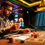 Professional gambler reviewing Nhận định kèo nhà cái on a sleek digital interface surrounded by casino elements.