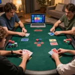 Players engaging intensely in online poker at https://ta88pro.com/ with colorful digital displays and strategic gameplay.