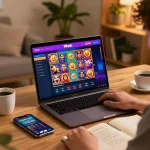Engaged player enjoying online casino gaming on 98win platform at home with strategy notes.