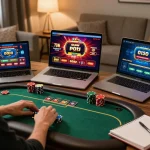 TX88 poker app gameplay on a laptop with strategy notes and drinks nearby, showcasing responsible gambling.