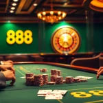 Experience a thrilling poker game at 888NEW with vibrant chips and professional players.