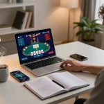 Player enjoying online poker gaming on hi88 with a laptop and smartphone in a cozy home setup.