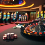 Players engaging at the CM88 nhà cái casino table with vibrant poker chips and dynamic roulette wheel.