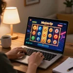 Keterlibatan dalam permainan slot online mejavip di pengaturan rumah yang nyaman, fokus pada gulungan yang berputar dan catatan strategi.