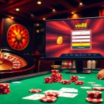 Exciting casino registration scene featuring vin88 đăng ký with poker chips and vibrant roulette wheel.