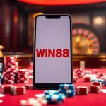Engage with the thrilling WIN88 APP, featuring vibrant casino elements like poker chips and dice.