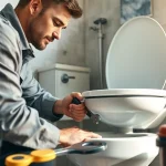 Toilet repair in Toronto with a skilled plumber fixing a modern toilet in a well-lit bathroom.