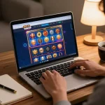 Engaging with colorful Win138 online slots on a laptop in a cozy home setting.