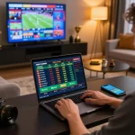 Engaging scene of sports betting at home using a laptop for site Australia, capturing excitement of online gaming session