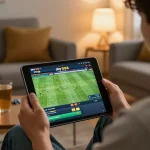 Sky88 user placing live sports bets on a tablet in a cozy home environment
