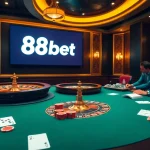 Engaging casino scene featuring 88bet logo with players at poker table and roulette.