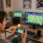 Person placing live sports bets on tr88 app in a cozy home setting with vibrant sports decor.