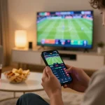 Experience the excitement of sports betting on 11bet through a smartphone in a cozy home setting.