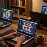 LU88 online casino gaming experience with vibrant slot games displayed on laptop in cozy home setup.