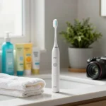 Laifen electric toothbrush showcased in a modern bathroom setting with eco-friendly dental care products.
