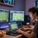 Engaging in kèo nhà cái trực tiếp while analyzing live betting odds on a laptop in a cozy atmosphere