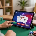 Person enjoying sunwin poker game on tablet in cozy living room