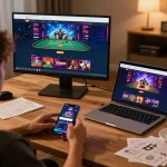 Engaging online gaming scene showcasing 78win interface on a laptop, inviting atmosphere for strategic betting.
