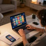 Engaged player enjoying 68 Game Bài on laptop at home, showcasing online gambling excitement.