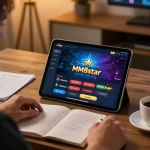 Player engaging with the MM88star app in a cozy home office, emphasizing strategic online gambling.