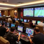 Betting enthusiasts engaging in live sports bets at kp88 with screens displaying odds and games.